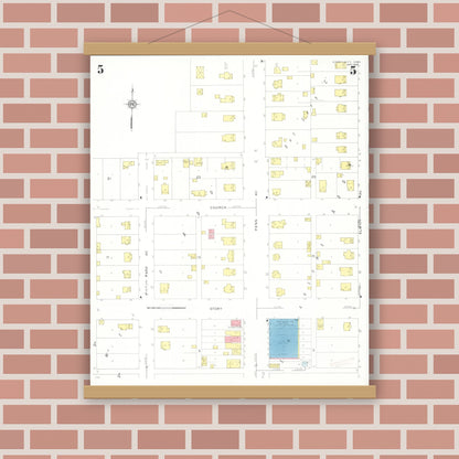 Old map wall art mockup — magnetic wood frame on brick wall — Sanborn Fire Insurance Map from Story City, Story County, Iowa (1932), Sheet #0005