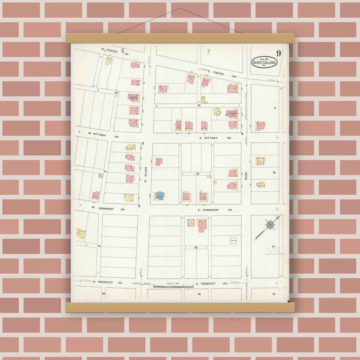 Old map wall art mockup — magnetic wood frame on brick wall — Sanborn Fire Insurance Map from State College, Centre County, Pennsylvania (1911), Sheet #0009