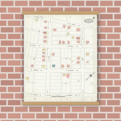 Old map wall art mockup — magnetic wood frame on brick wall — Sanborn Fire Insurance Map from State College, Centre County, Pennsylvania (1911), Sheet #0009