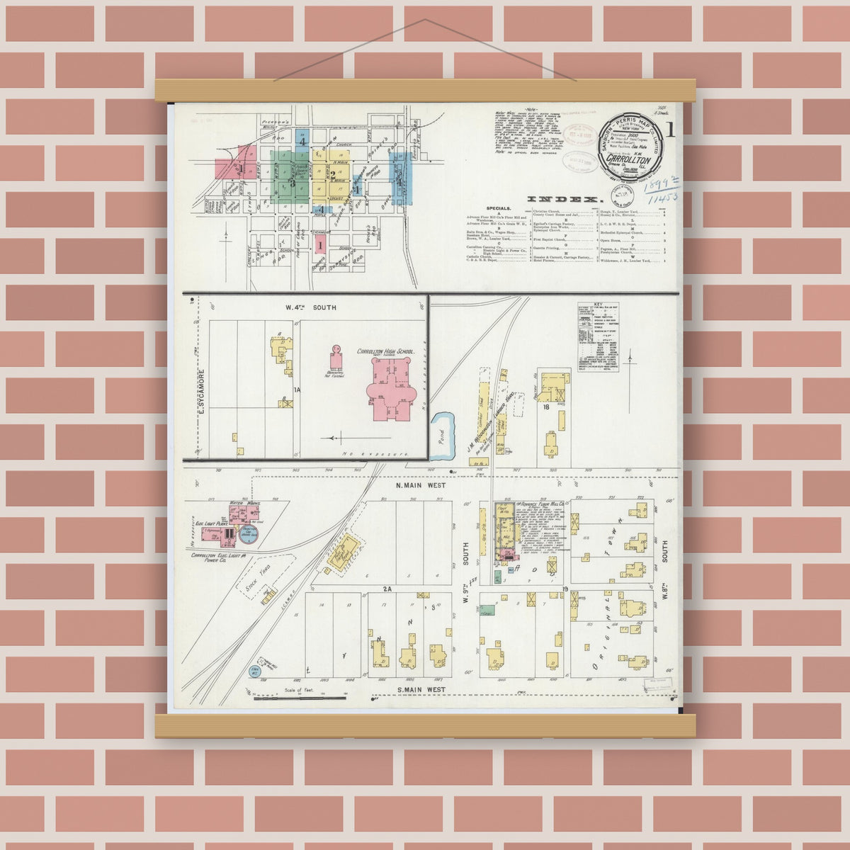 Old map wall art mockup — magnetic wood frame on brick wall — Sanborn Fire Insurance Map from Carrollton, Greene County, Illinois (1898) - Complete Map Set
