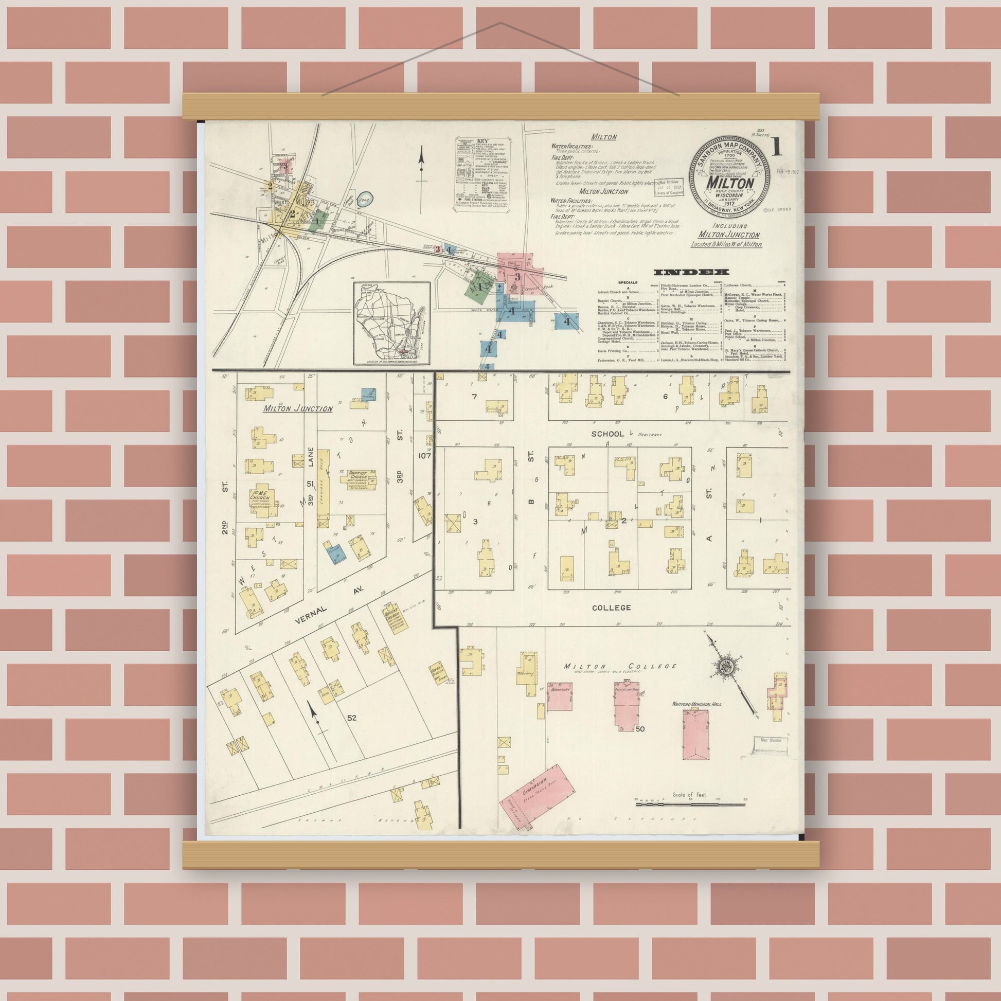Old map wall art mockup — magnetic wood frame on brick wall — Sanborn Fire Insurance Map from Milton, Rock County, Wisconsin (1917), Sheet #0001