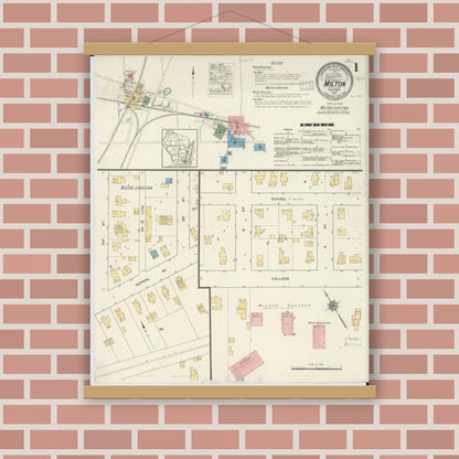 Old map wall art mockup — magnetic wood frame on brick wall — Sanborn Fire Insurance Map from Milton, Rock County, Wisconsin (1917), Sheet #0001