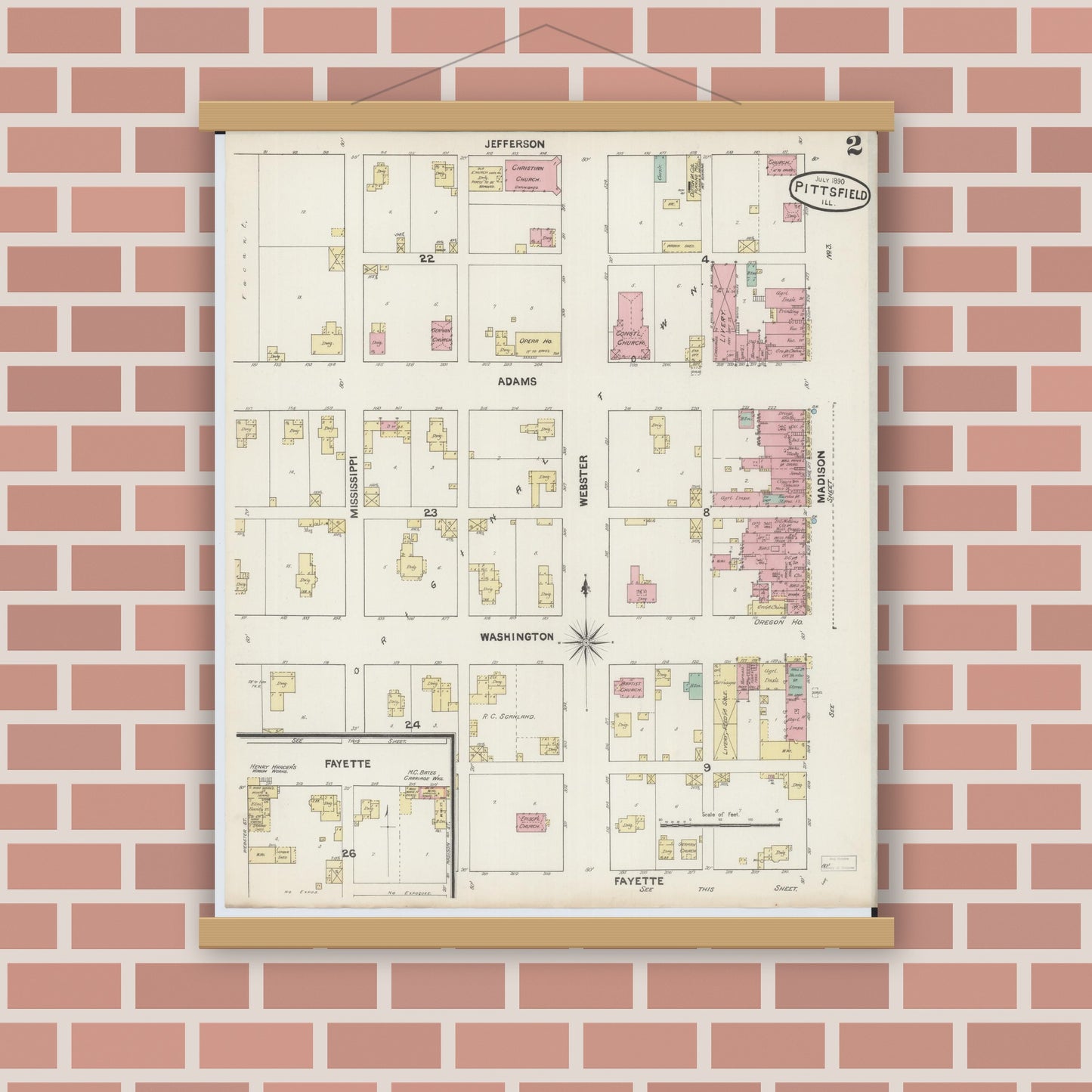 Old map wall art mockup — magnetic wood frame on brick wall — Sanborn Fire Insurance Map from Pittsfield, Pike County, Illinois (1890), Sheet #0002