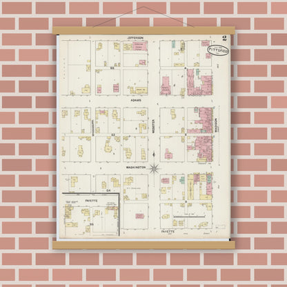 Old map wall art mockup — magnetic wood frame on brick wall — Sanborn Fire Insurance Map from Pittsfield, Pike County, Illinois (1890), Sheet #0002