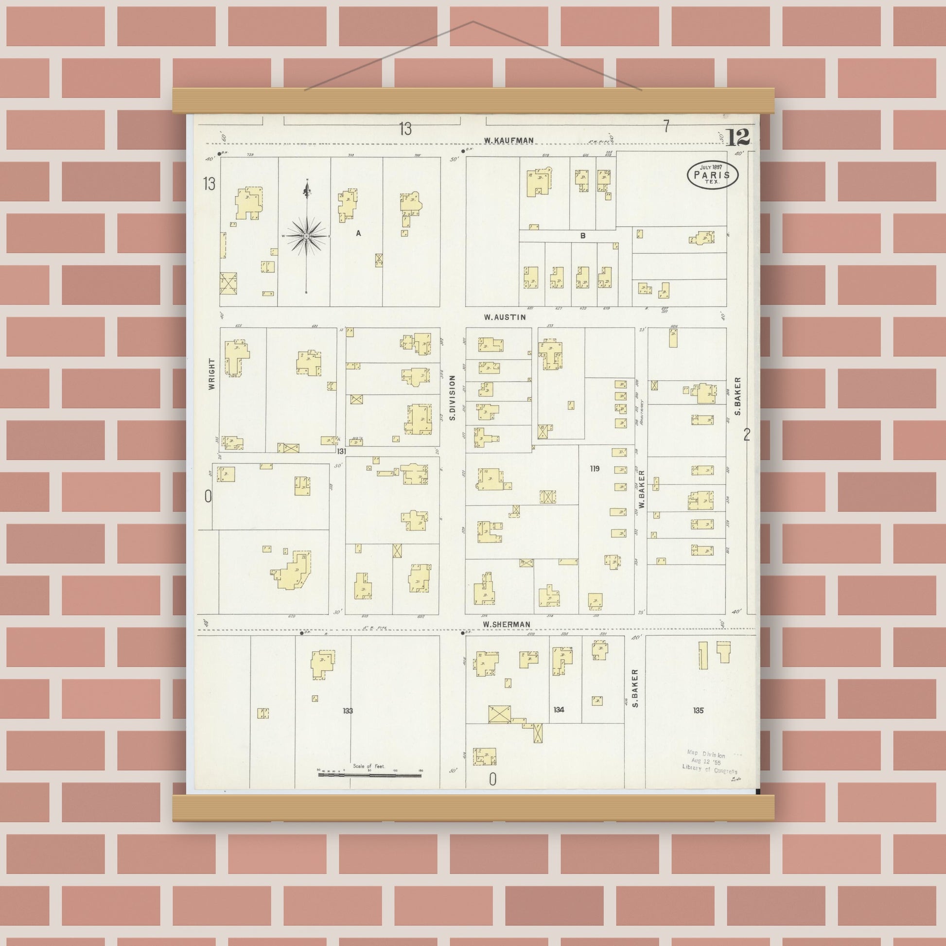 Old map wall art mockup — magnetic wood frame on brick wall — Sanborn Fire Insurance Map from Paris, Lamar County, Texas (1897), Sheet #0012