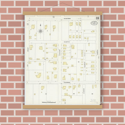 Old map wall art mockup — magnetic wood frame on brick wall — Sanborn Fire Insurance Map from Paris, Lamar County, Texas (1897), Sheet #0012