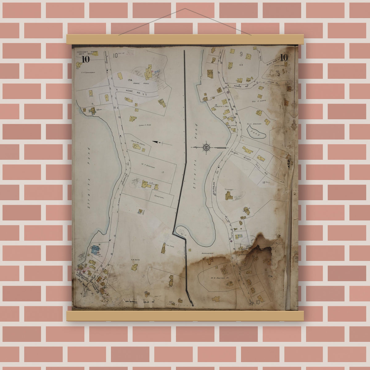 Old map wall art mockup — magnetic wood frame on brick wall — Sanborn Fire Insurance Map from Cohasset, Norfolk County, Massachusetts (1963), Sheet #0010