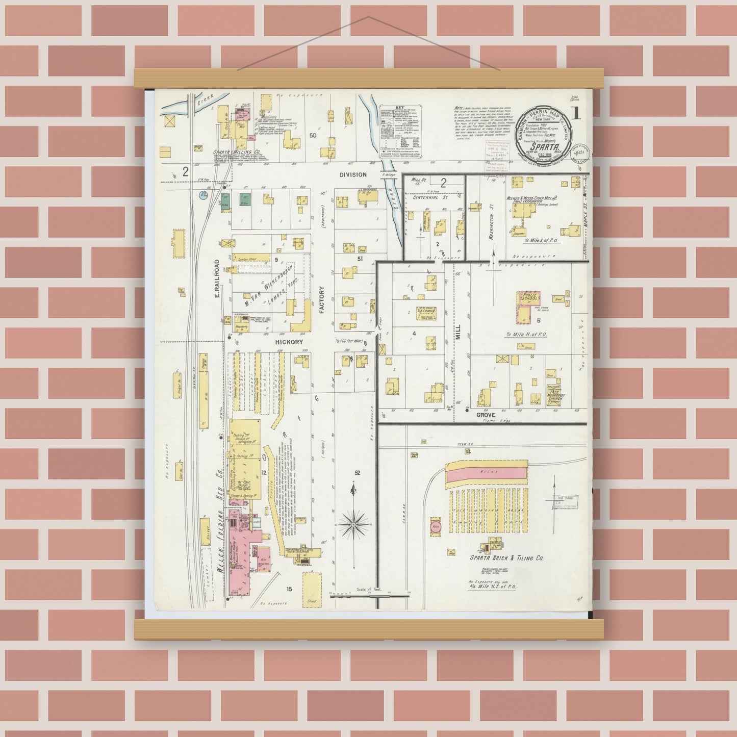 Old map wall art mockup — magnetic wood frame on brick wall — Sanborn Fire Insurance Map from Sparta, Kent County, Michigan (1899) - Complete Map Set