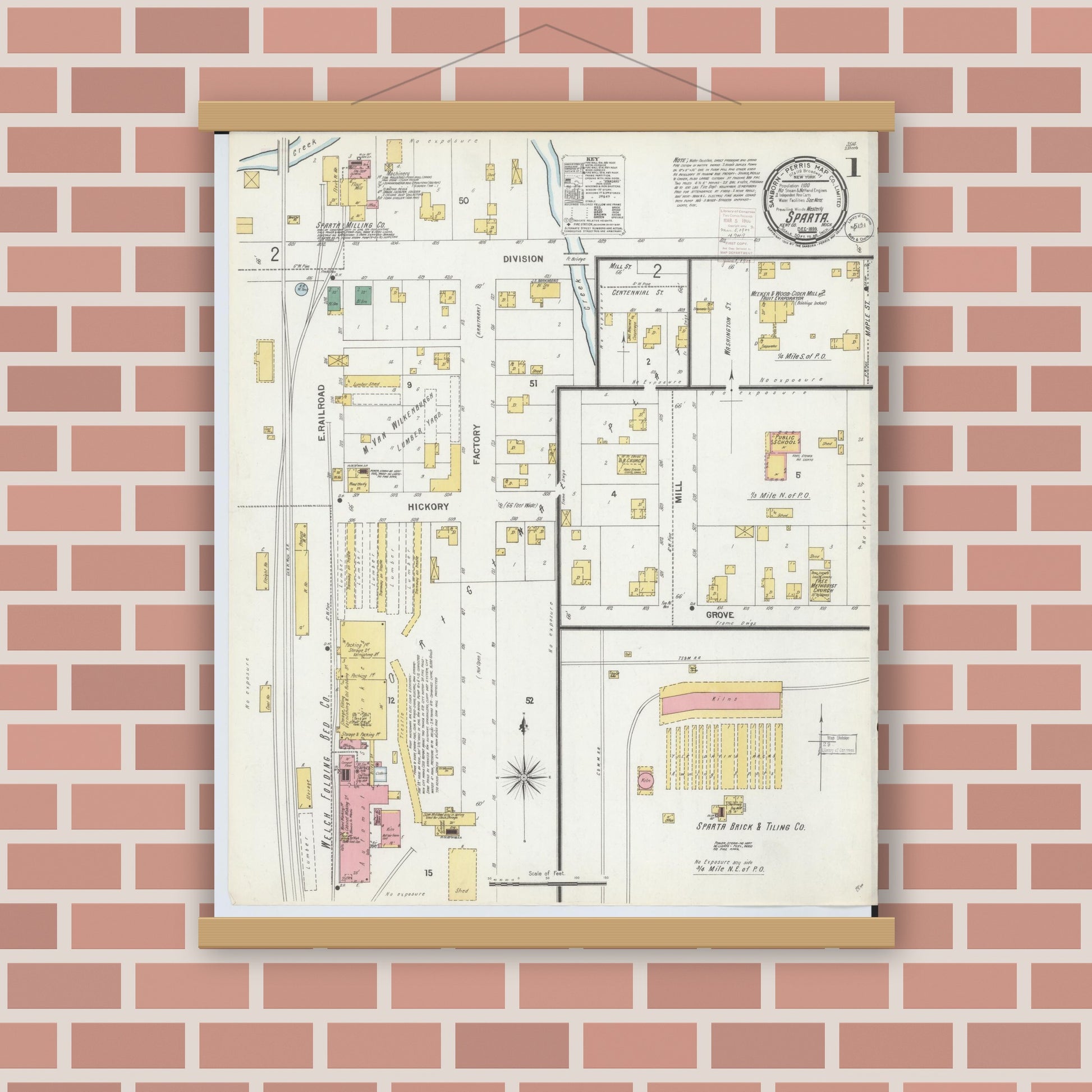 Old map wall art mockup — magnetic wood frame on brick wall — Sanborn Fire Insurance Map from Sparta, Kent County, Michigan (1899) - Complete Map Set