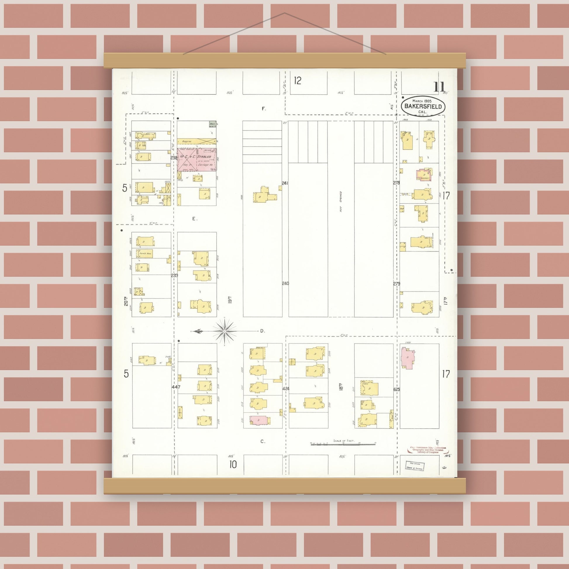 Old map wall art mockup — magnetic wood frame on brick wall — Sanborn Fire Insurance Map from Bakersfield, Kern County, California (1905), Sheet #0011