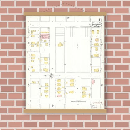 Old map wall art mockup — magnetic wood frame on brick wall — Sanborn Fire Insurance Map from Bakersfield, Kern County, California (1905), Sheet #0011