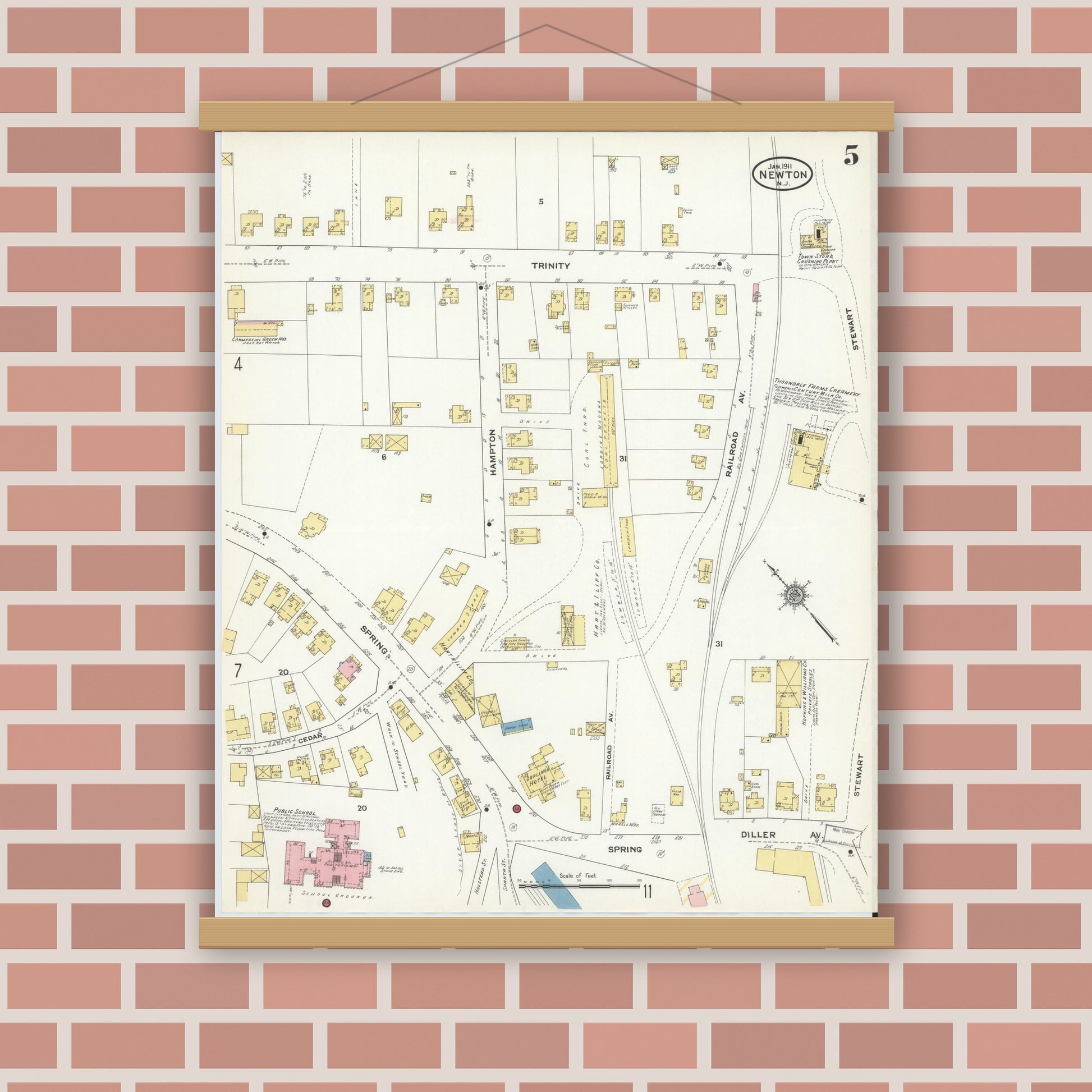 Old map wall art mockup — magnetic wood frame on brick wall — Sanborn Fire Insurance Map from Newton, Sussex County, New Jersey (1911), Sheet #0005