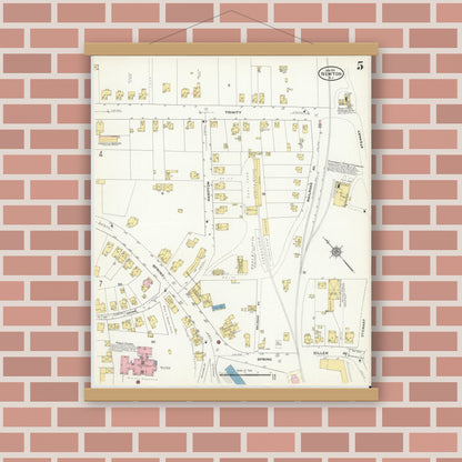 Old map wall art mockup — magnetic wood frame on brick wall — Sanborn Fire Insurance Map from Newton, Sussex County, New Jersey (1911), Sheet #0005
