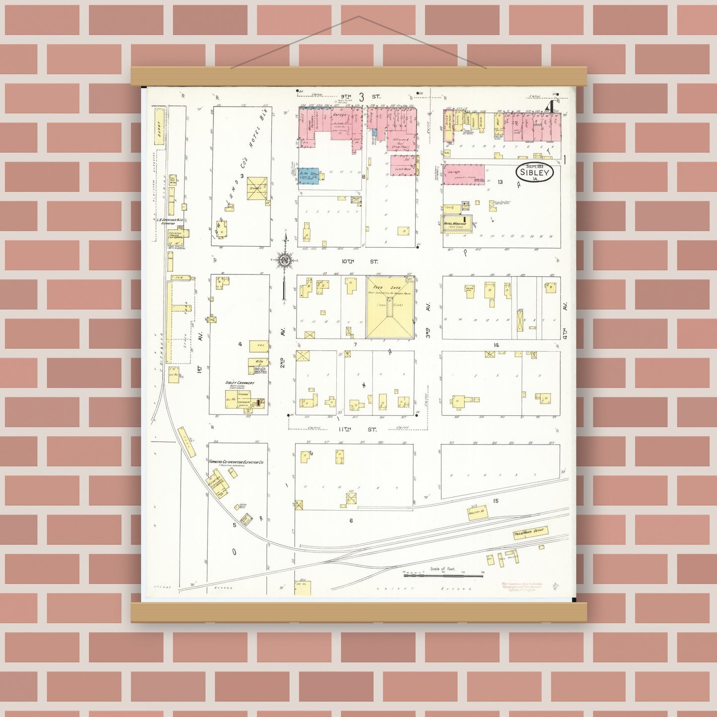 Old map wall art mockup — magnetic wood frame on brick wall — Sanborn Fire Insurance Map from Sibley, Osceola County, Iowa (1913), Sheet #0004