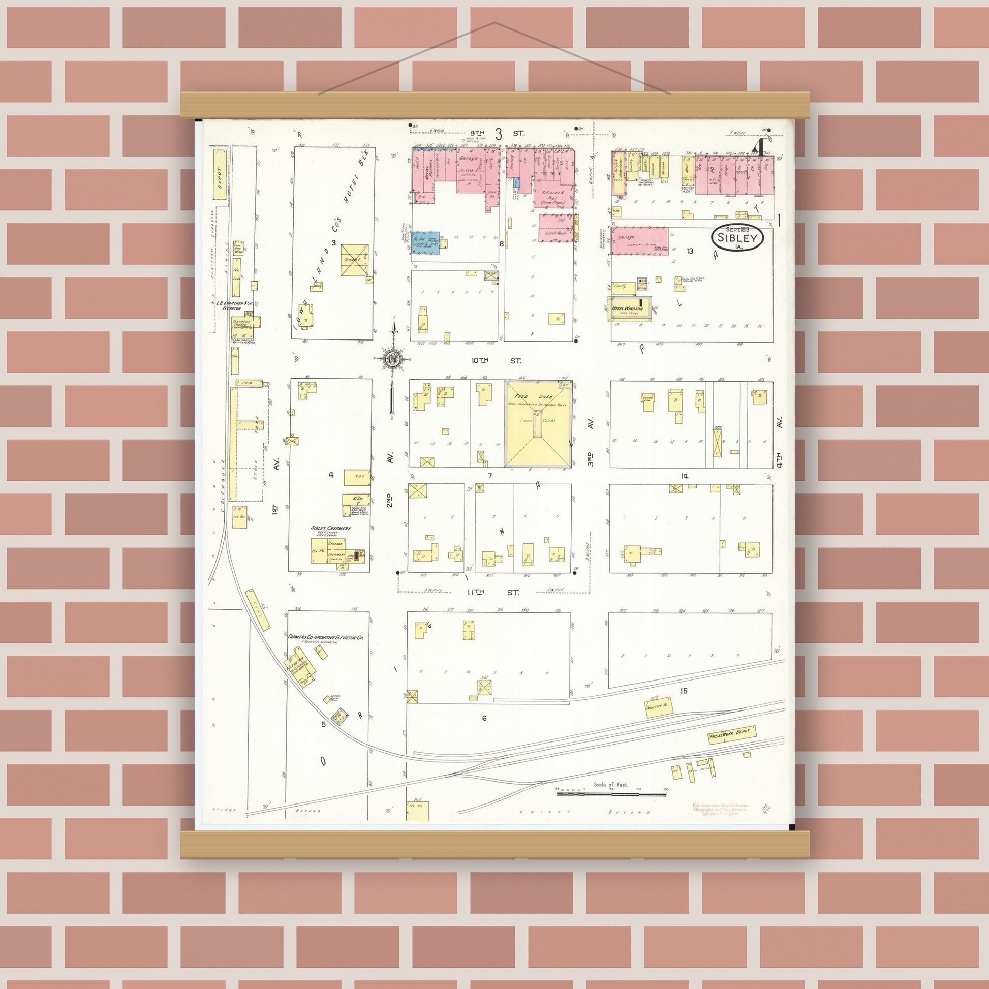 Old map wall art mockup — magnetic wood frame on brick wall — Sanborn Fire Insurance Map from Sibley, Osceola County, Iowa (1913), Sheet #0004