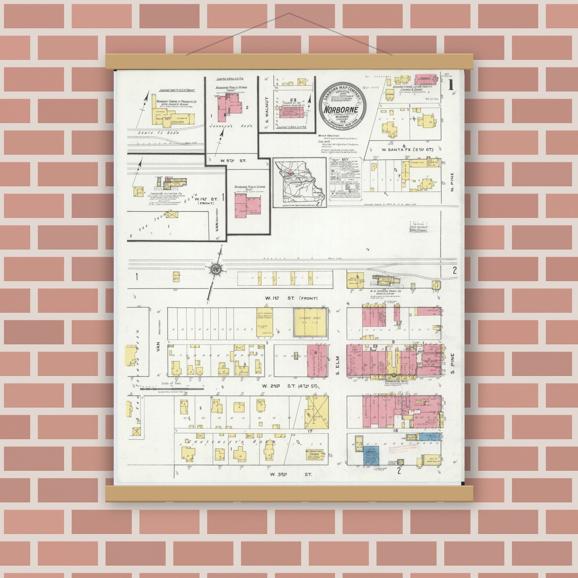 Old map wall art mockup — magnetic wood frame on brick wall — Sanborn Fire Insurance Map from Norborne, Carroll County, Missouri (1918), Sheet #0001