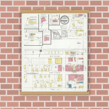 Old map wall art mockup — magnetic wood frame on brick wall — Sanborn Fire Insurance Map from Norborne, Carroll County, Missouri (1918), Sheet #0001