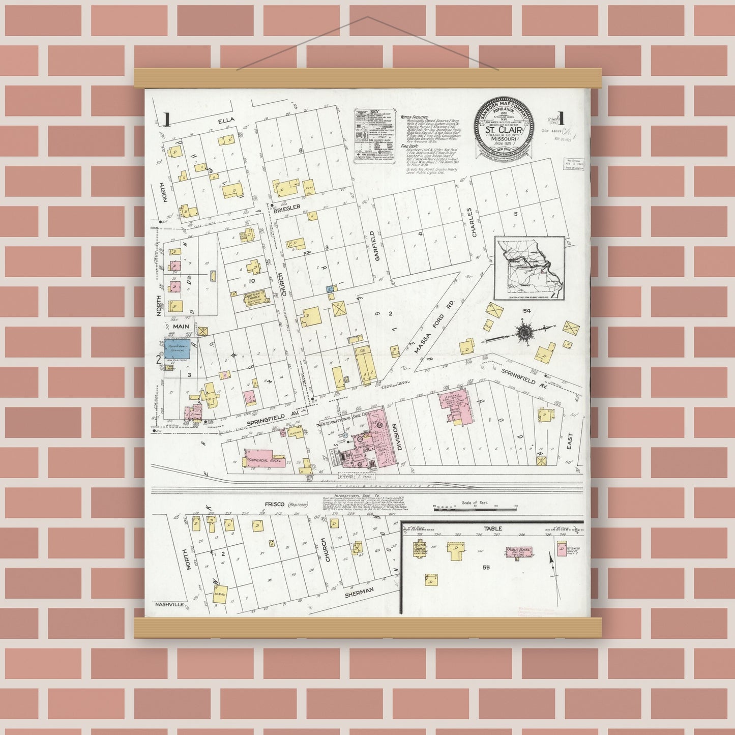 Old map wall art mockup — magnetic wood frame on brick wall — Sanborn Fire Insurance Map from Saint Clair, Franklin County, Missouri (1924) - Complete Map Set
