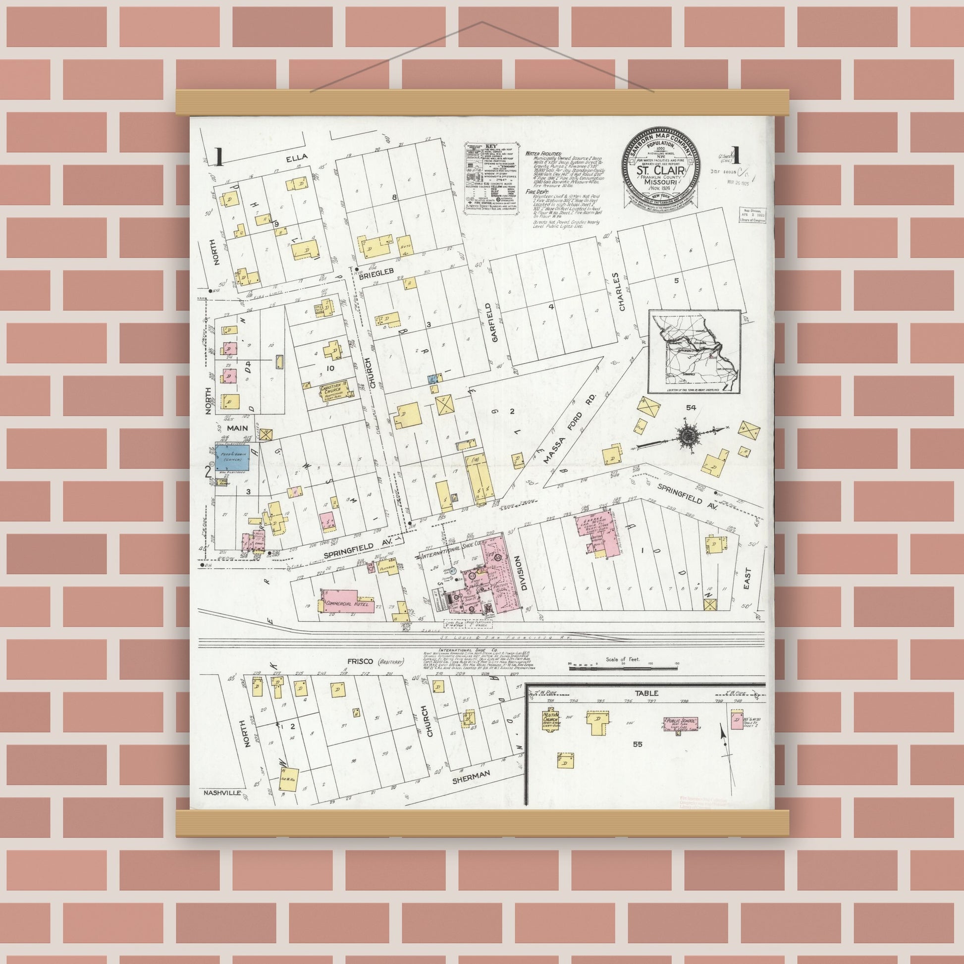 Old map wall art mockup — magnetic wood frame on brick wall — Sanborn Fire Insurance Map from Saint Clair, Franklin County, Missouri (1924) - Complete Map Set
