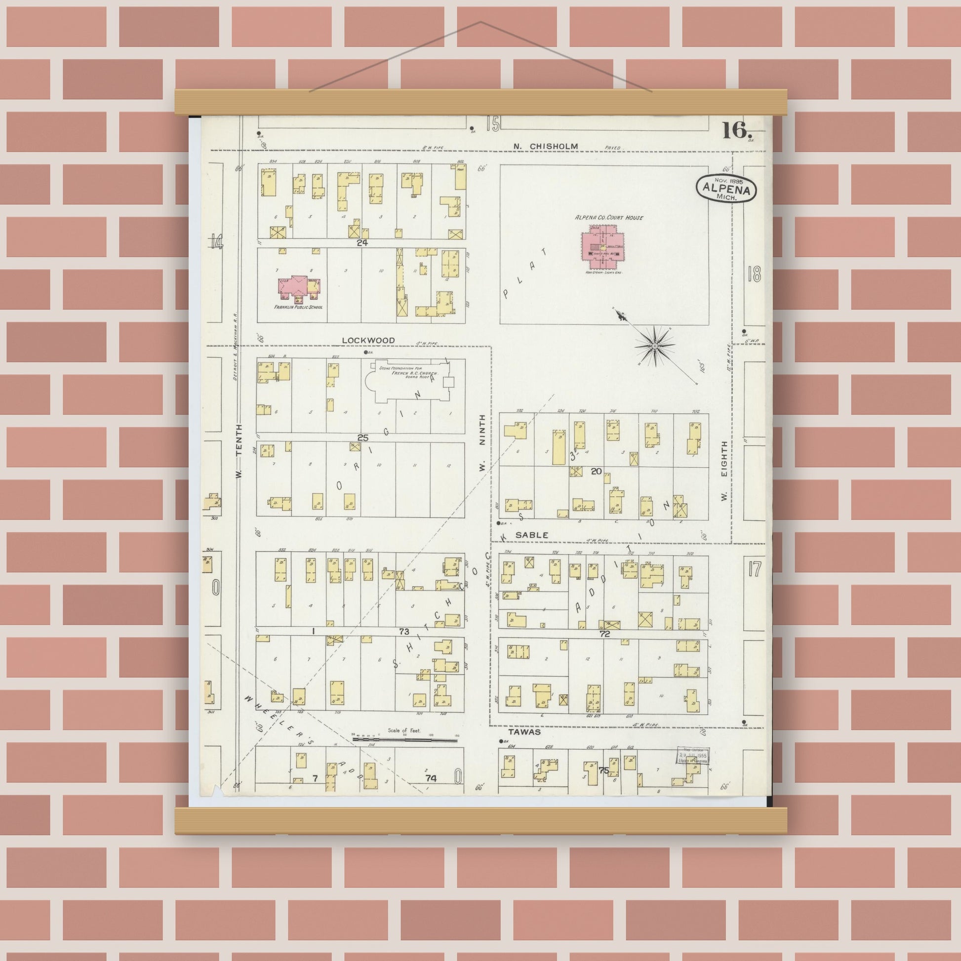 Old map wall art mockup — magnetic wood frame on brick wall — Sanborn Fire Insurance Map from Alpena, Alpena County, Michigan (1895), Sheet #0016