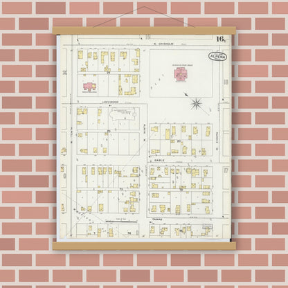 Old map wall art mockup — magnetic wood frame on brick wall — Sanborn Fire Insurance Map from Alpena, Alpena County, Michigan (1895), Sheet #0016