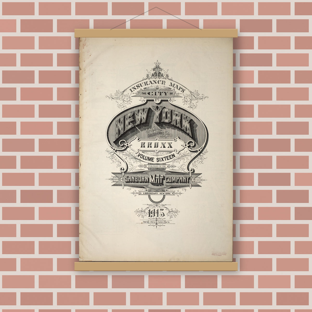 Old map wall art mockup — magnetic wood frame on brick wall — Sanborn Fire Insurance Map from New York, Bronx, Manhattan, New York (1915), Sheet #0001