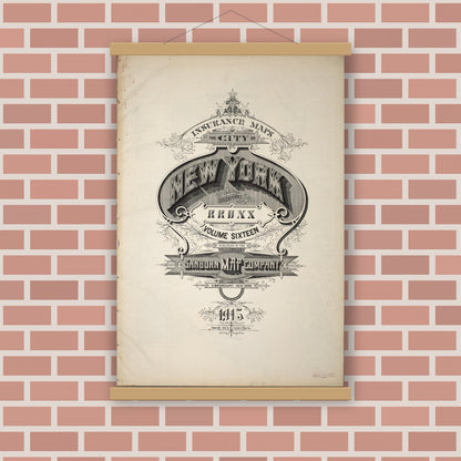 Old map wall art mockup — magnetic wood frame on brick wall — Sanborn Fire Insurance Map from New York, Bronx, Manhattan, New York (1915), Sheet #0001