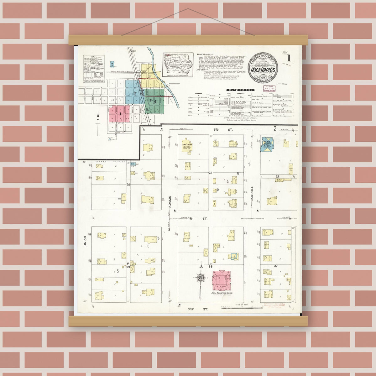 Old map wall art mockup — magnetic wood frame on brick wall — Sanborn Fire Insurance Map from Rock Rapids, Lyon County, Iowa (1913) â€” Complete Set