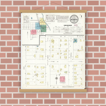 Old map wall art mockup — magnetic wood frame on brick wall — Sanborn Fire Insurance Map from Rock Rapids, Lyon County, Iowa (1913) â€” Complete Set