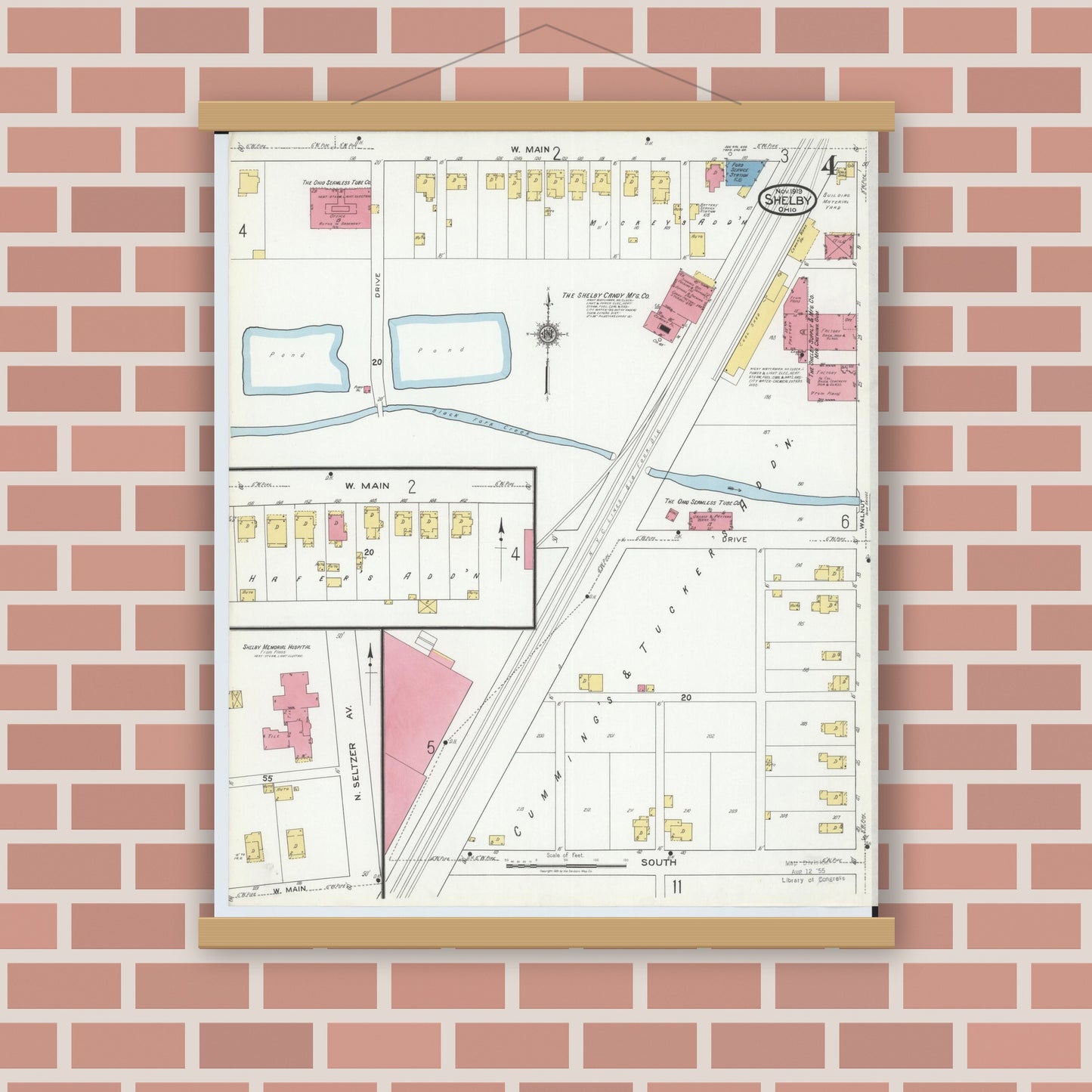 Old map wall art mockup — magnetic wood frame on brick wall — Sanborn Fire Insurance Map from Shelby, Richland County, Ohio (1919), Sheet #0004