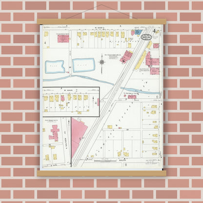 Old map wall art mockup — magnetic wood frame on brick wall — Sanborn Fire Insurance Map from Shelby, Richland County, Ohio (1919), Sheet #0004