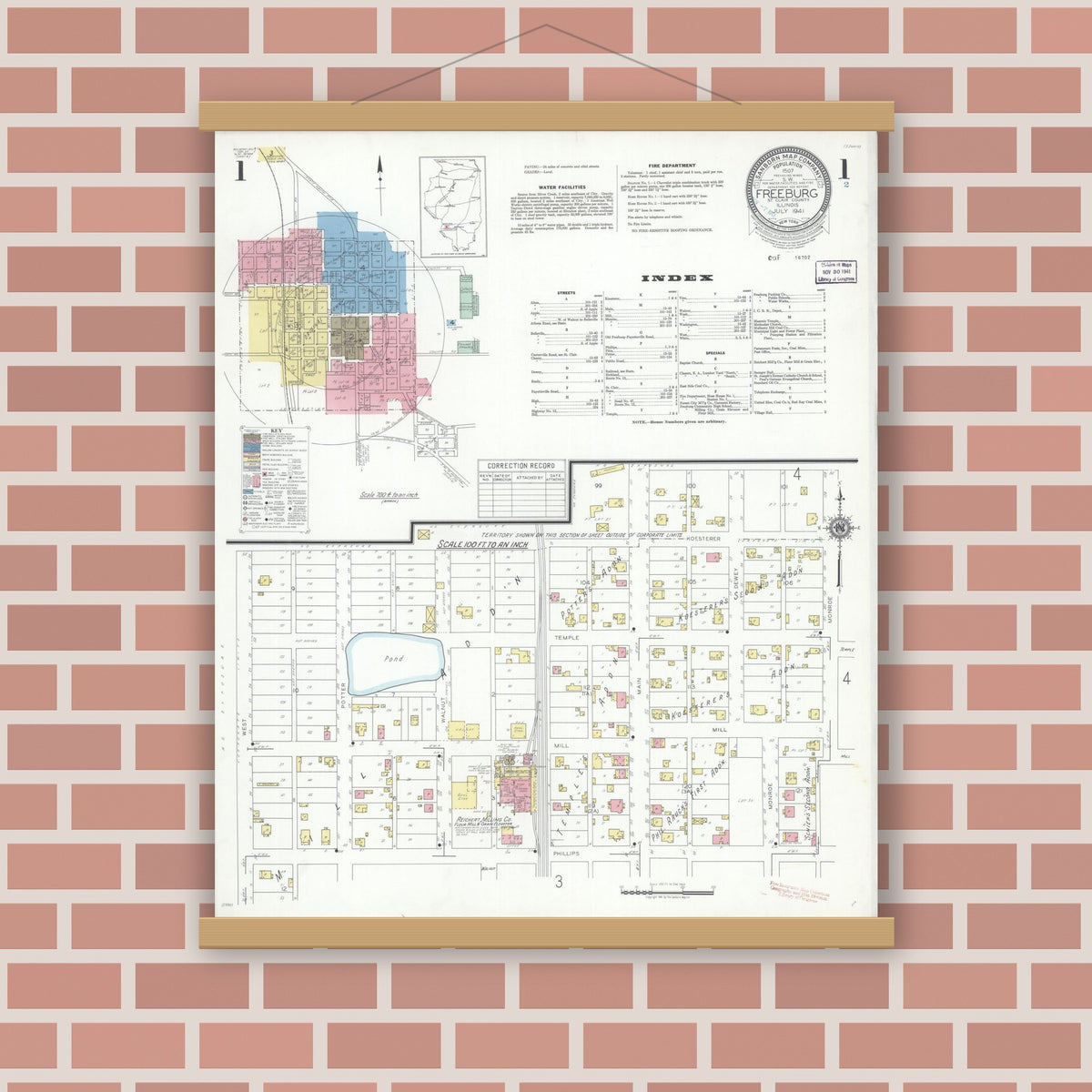 Old map wall art mockup — magnetic wood frame on brick wall — Sanborn Fire Insurance Map from Freeburg, Saint Clair County, Illinois (1941) - Complete Map Set
