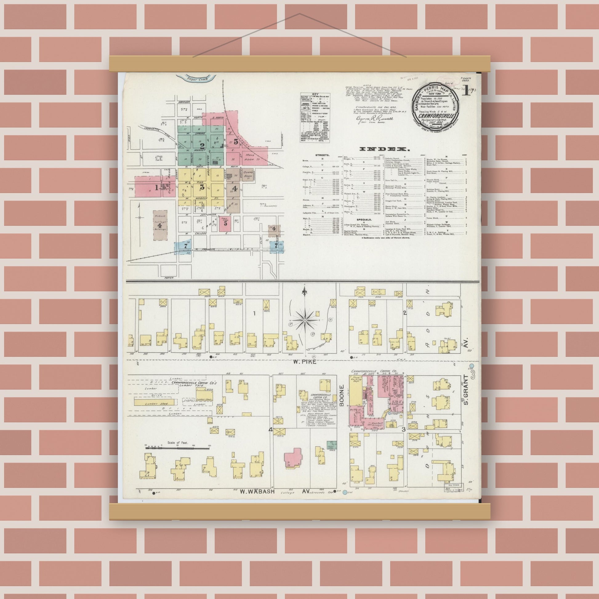 Old map wall art mockup — magnetic wood frame on brick wall — Sanborn Fire Insurance Map from Crawfordsville, Montgomery County, Indiana (1887) - Complete Map Set