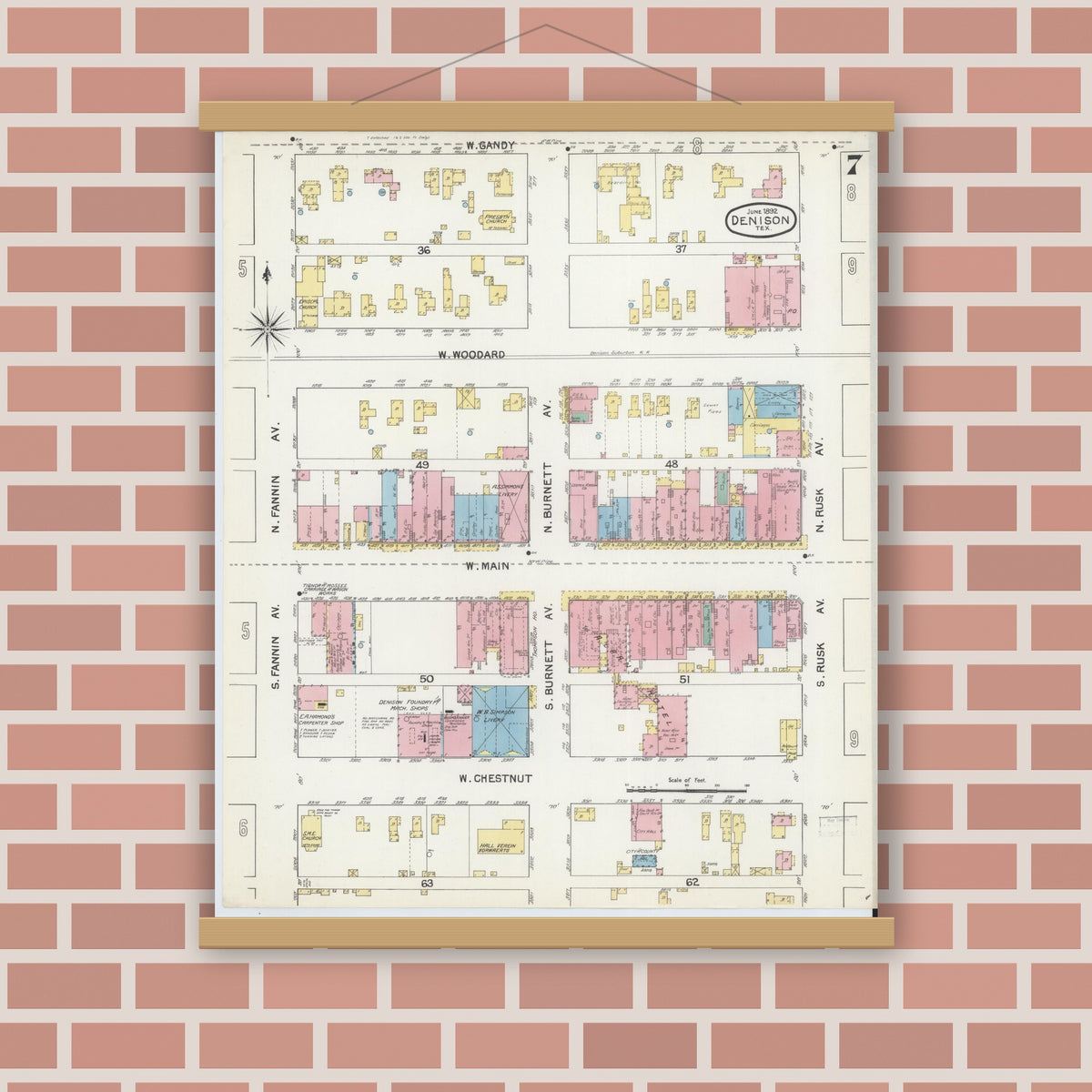 Old map wall art mockup — magnetic wood frame on brick wall — Sanborn Fire Insurance Map from Denison, Grayson County, Texas (1892), Sheet #0007