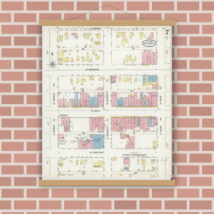 Old map wall art mockup — magnetic wood frame on brick wall — Sanborn Fire Insurance Map from Denison, Grayson County, Texas (1892), Sheet #0007