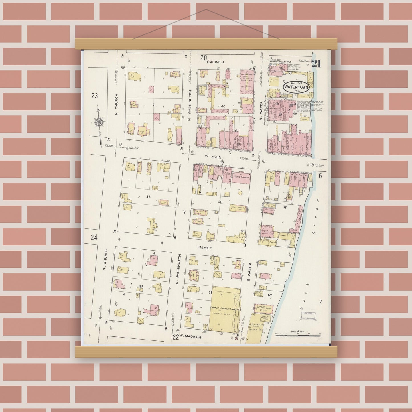 Old map wall art mockup — magnetic wood frame on brick wall — Sanborn Fire Insurance Map from Watertown, Jefferson County, Wisconsin (1915), Sheet #0022