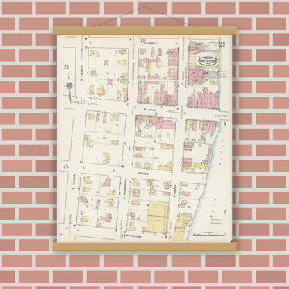 Old map wall art mockup — magnetic wood frame on brick wall — Sanborn Fire Insurance Map from Watertown, Jefferson County, Wisconsin (1915), Sheet #0022