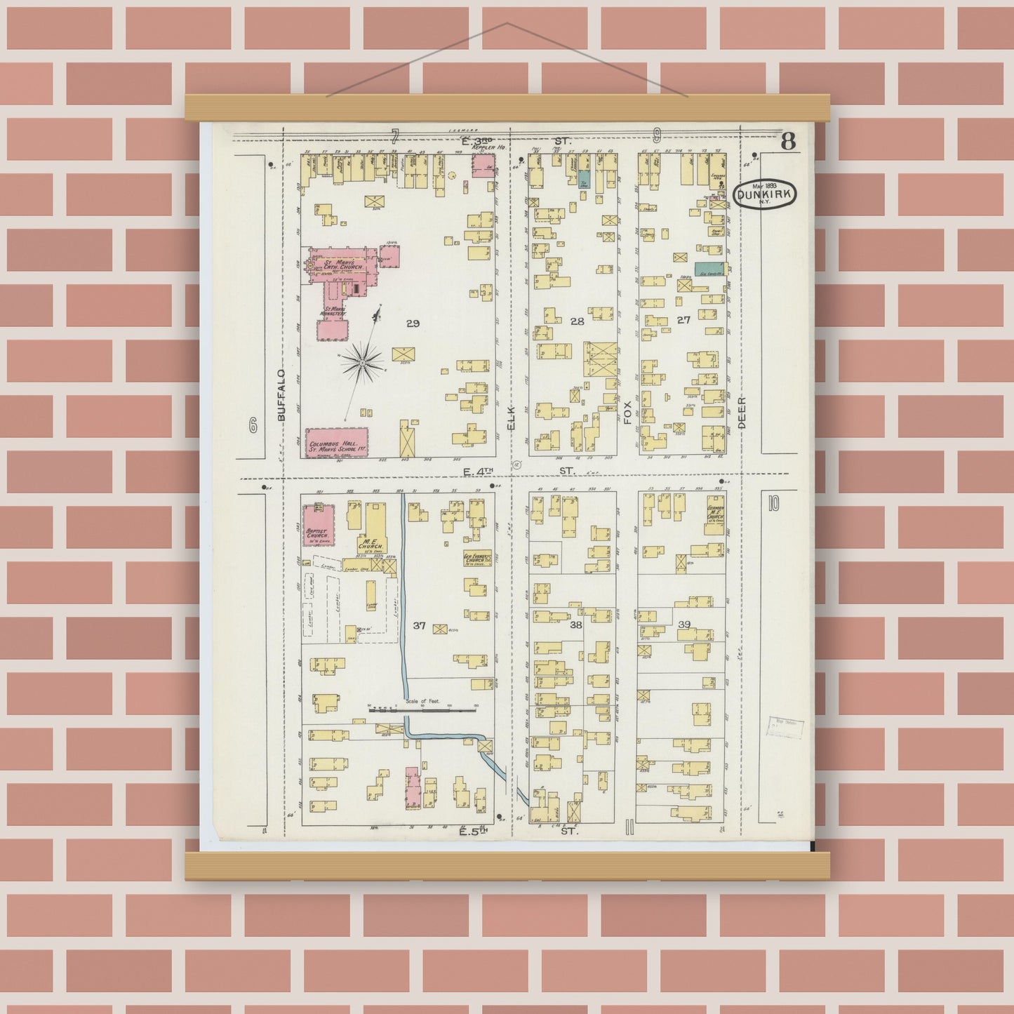 Old map wall art mockup — magnetic wood frame on brick wall — Sanborn Fire Insurance Map from Dunkirk, Chautauqua County, New York (1893), Sheet #0008