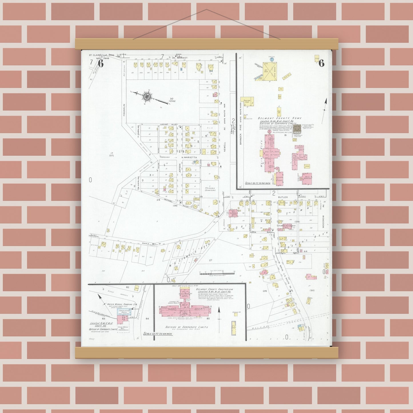 Old map wall art mockup — magnetic wood frame on brick wall — Sanborn Fire Insurance Map from Saint Clairsville, Belmont County, Ohio (1946), Sheet #0006