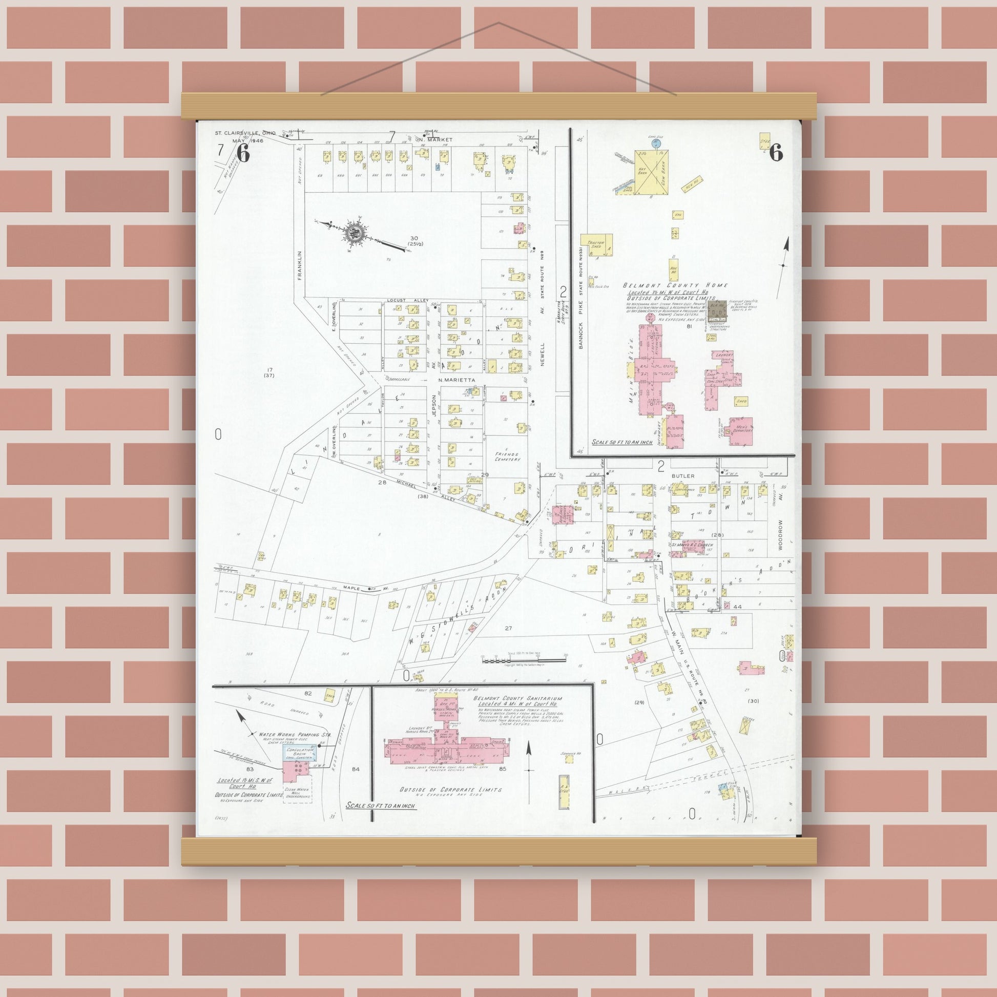 Old map wall art mockup — magnetic wood frame on brick wall — Sanborn Fire Insurance Map from Saint Clairsville, Belmont County, Ohio (1946), Sheet #0006