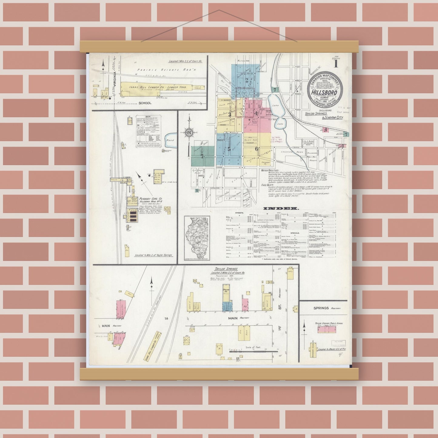 Old map wall art mockup — magnetic wood frame on brick wall — Sanborn Fire Insurance Map from Hillsboro, Montgomery County, Illinois (1912), Sheet #0001