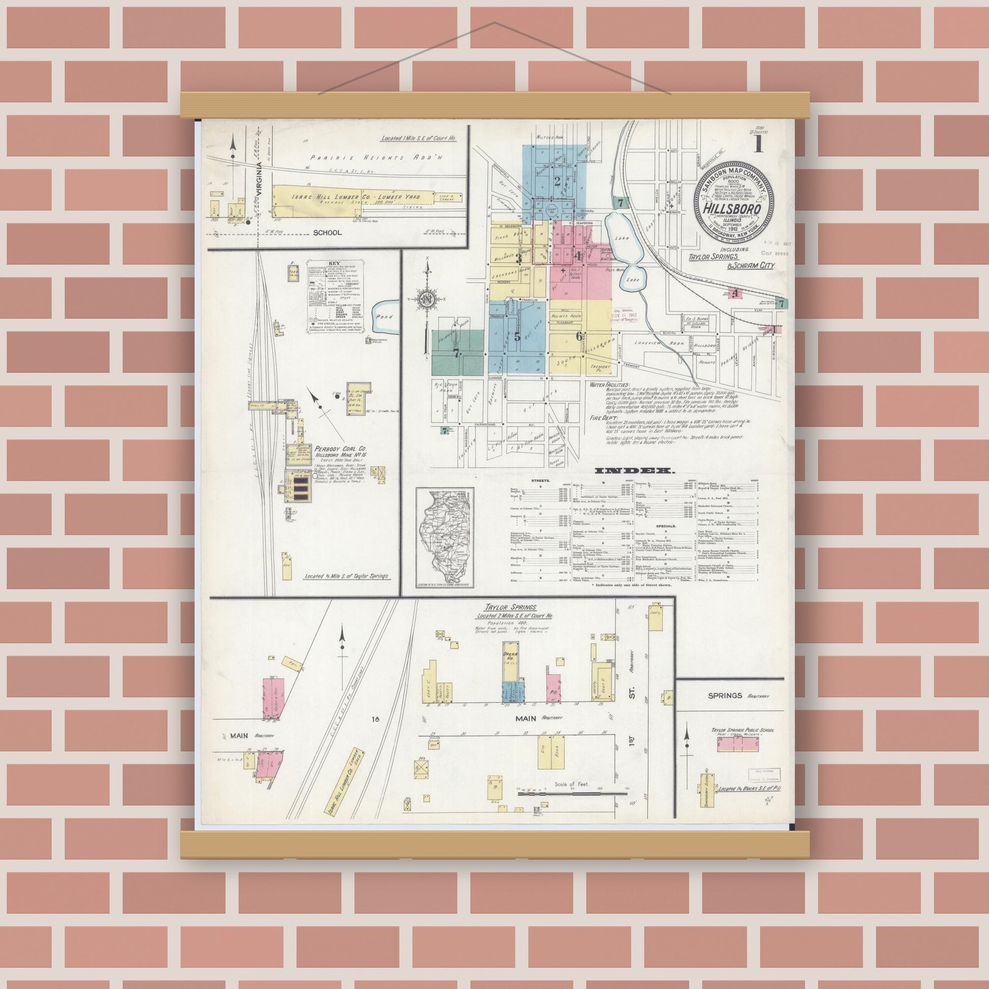 Old map wall art mockup — magnetic wood frame on brick wall — Sanborn Fire Insurance Map from Hillsboro, Montgomery County, Illinois (1912), Sheet #0001