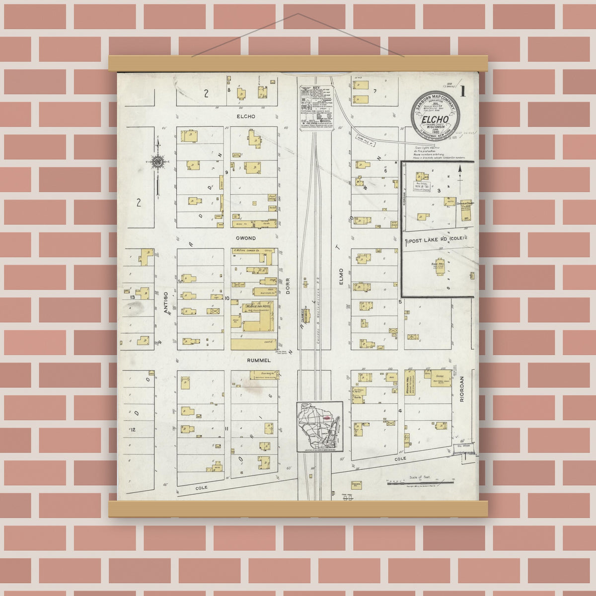 Old map wall art mockup — magnetic wood frame on brick wall — Sanborn Fire Insurance Map from Elcho, Langlade County, Wisconsin (1920) - Complete Map Set