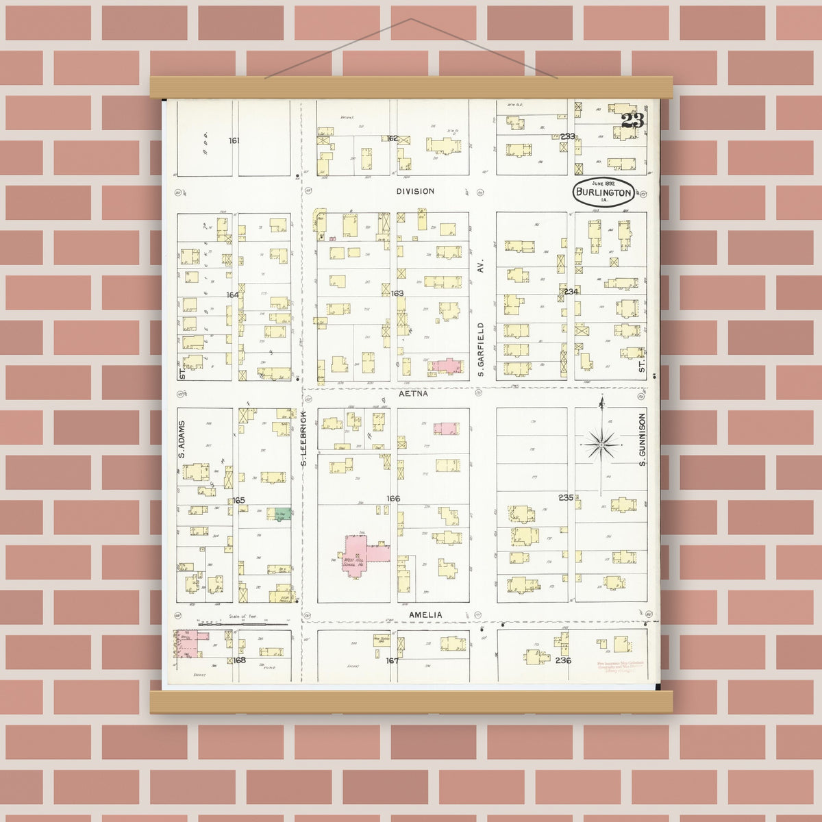 Old map wall art mockup — magnetic wood frame on brick wall — Sanborn Fire Insurance Map from Burlington, Des Moines County, Iowa (1892), Sheet #0023