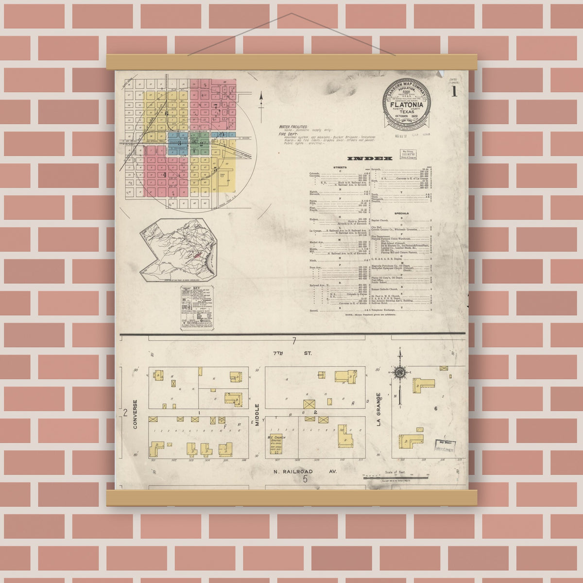 Old map wall art mockup — magnetic wood frame on brick wall — Sanborn Fire Insurance Map from Flatonia, Fayette County, Texas (1922) - Complete Map Set