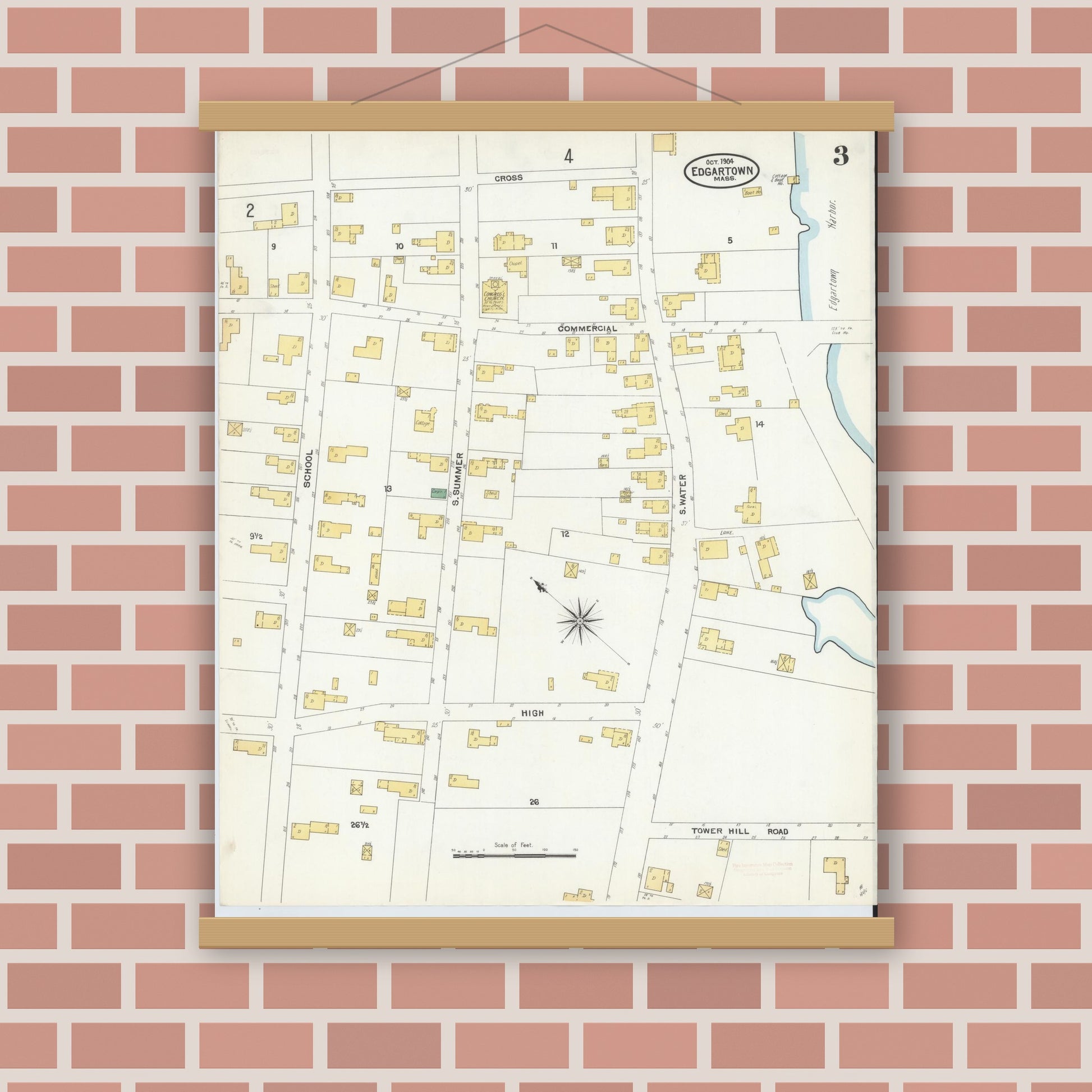 Old map wall art mockup — magnetic wood frame on brick wall — Sanborn Fire Insurance Map from Edgartown, Dukes County, Massachusetts (1904), Sheet #0003