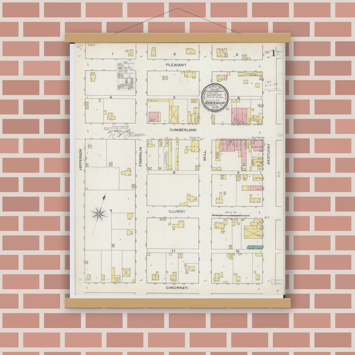 Old map wall art mockup — magnetic wood frame on brick wall — Sanborn Fire Insurance Map from Greenup, Cumberland County, Illinois (1893), Sheet #0001