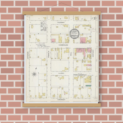 Old map wall art mockup — magnetic wood frame on brick wall — Sanborn Fire Insurance Map from Greenup, Cumberland County, Illinois (1893), Sheet #0001