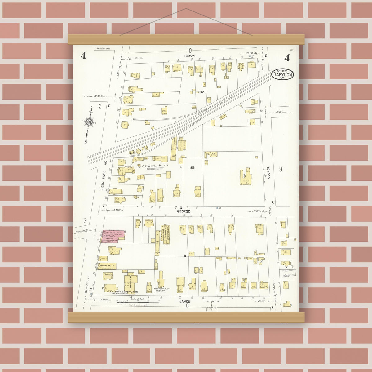 Old map wall art mockup — magnetic wood frame on brick wall — Sanborn Fire Insurance Map from Babylon, Suffolk County, New York (1923), Sheet #0004