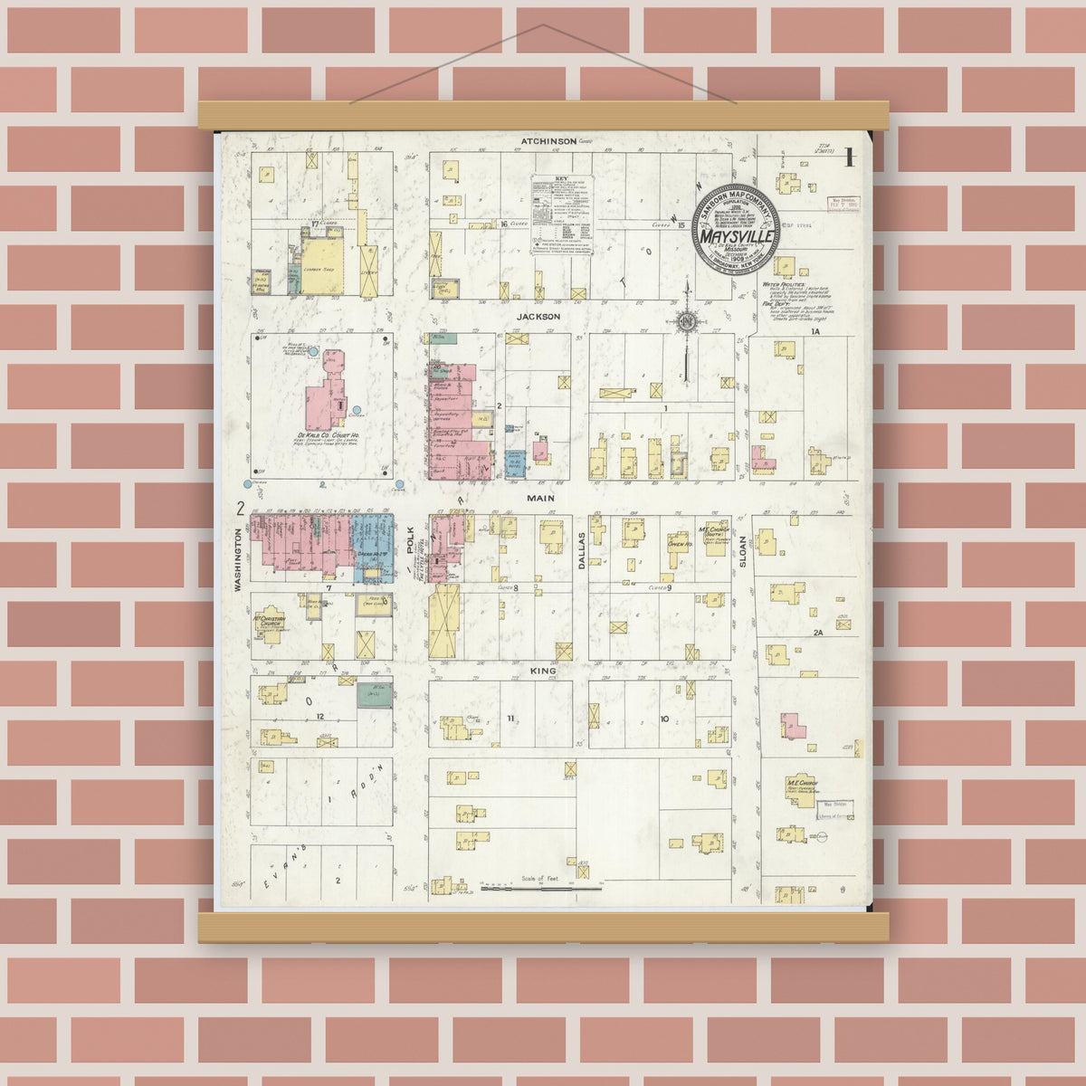 Old map wall art mockup — magnetic wood frame on brick wall — Sanborn Fire Insurance Map from Maysville, DeKalb County, Missouri (1909), Sheet #0001